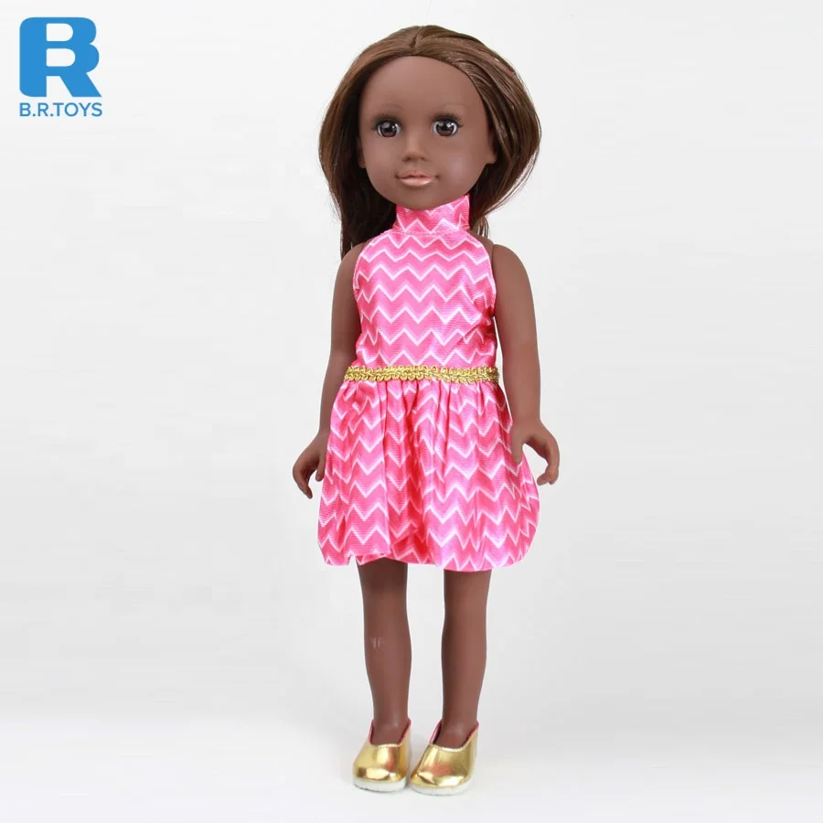 Eco-friendly educational Black vinyl African American black girl doll with brown hair rooted hair pink dress for children