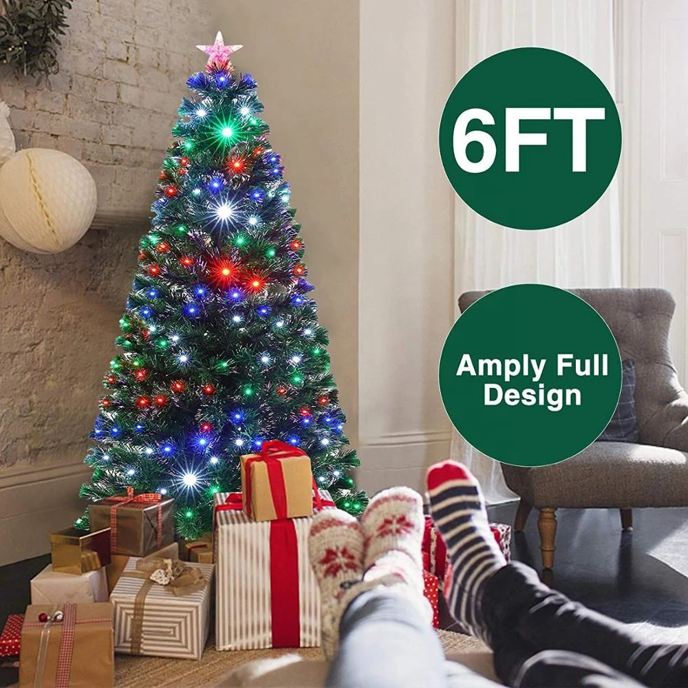 6ft Green Artificial Fiber Optical Christmas Trees With Flashing Led,Hinged 230 Branches Tips