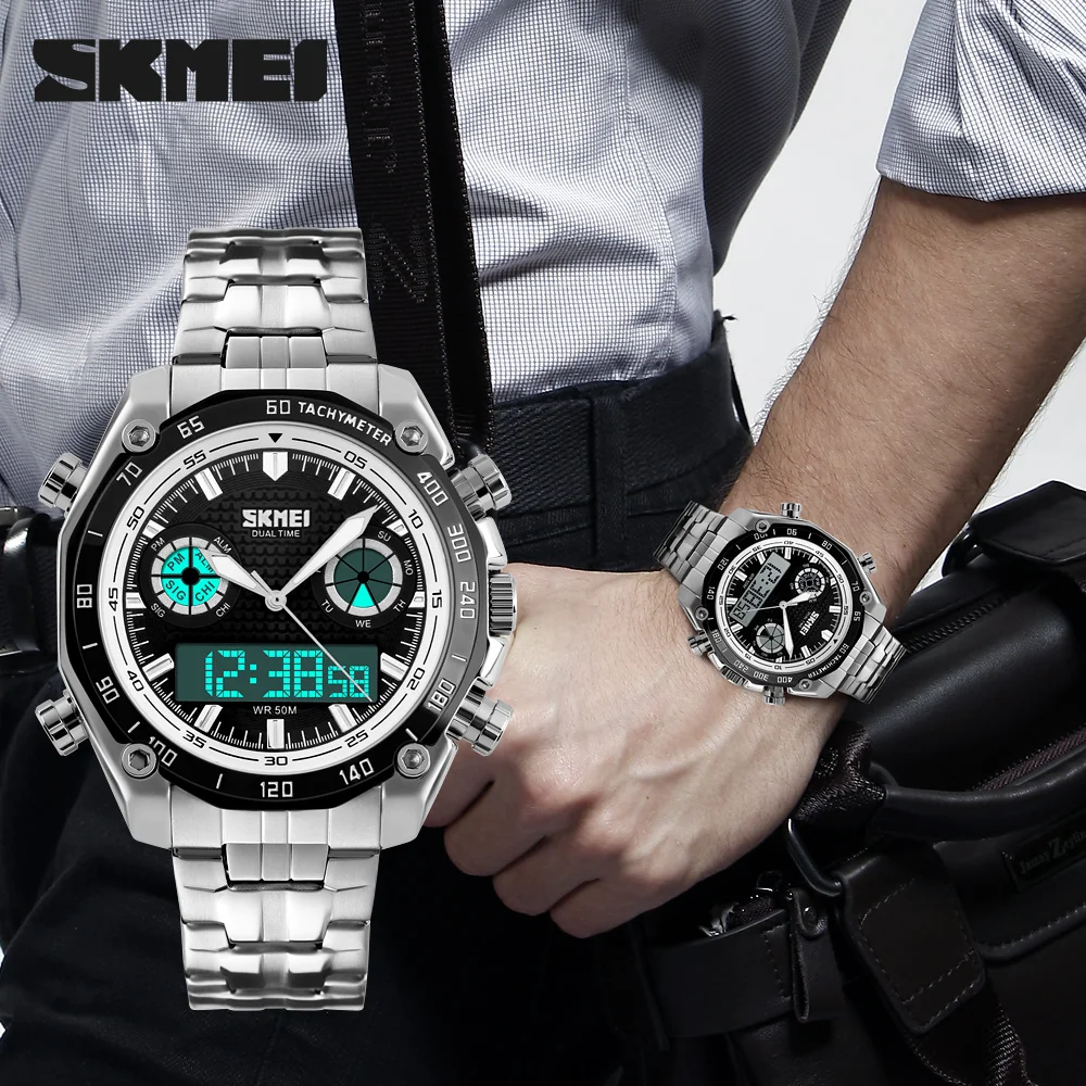 Stainless Steel Band Watch Big Number Display Wrist Watch Relojes for Men Skmei 1204