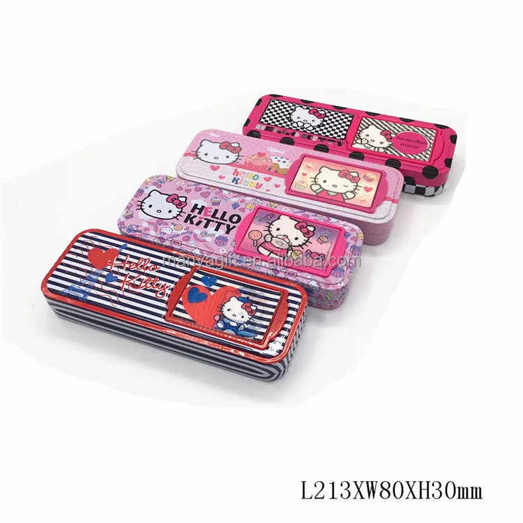 Высокое качество оптовая продажа недорогая жестяная коробка для карандашей hello kitty с обратным зеркалом