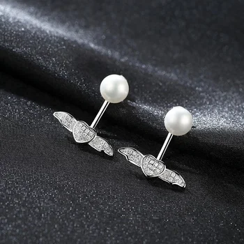 CZCITY New Design Wing Shaped 925 Sterling Silver Natural Pearl Stud Women CZ Heart Earrings