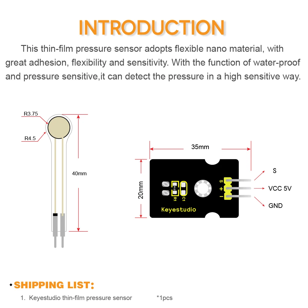 Flexible Thinfilm Pressure Sensor 0 10kg Detection Module For