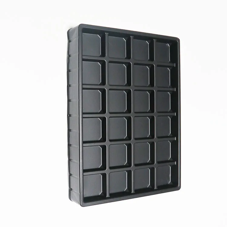 Custom Disposable 24 Compartment 0.7mm Black PS Plastic Vacuum Forming Chocolate Trays Insert for Chocolate Boxes