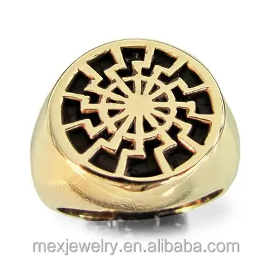 18K Gold Bronze Black Sun Wheel Occult Symbol Ring