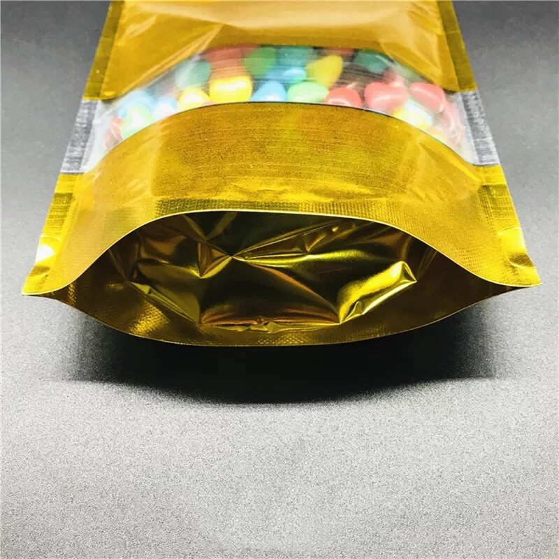 Zip Lock Stand up Mylar Bags Gold Aluminum Foil Packaging Bag With Clear Window