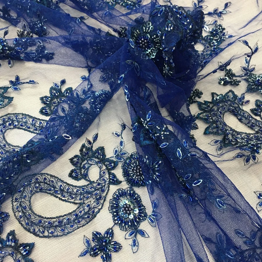 top end couture royal blu ricamato tessuto di pizzo con perline a mano  francese tulle tessuto di pizzo per il partito moda abito tessuto