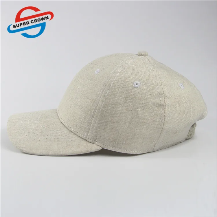 Wholesale Elastic Band Closure Plain Logo 6 Panel Beige Linen Baseball Caps for Women