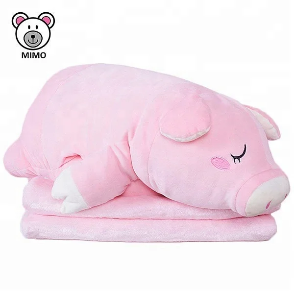 Pink Pig And Blue Penguin Design Cartoon 2 in 1 Pillow Blanket For Kids Custom Cute Polar Fleece Plush 100% Cotton Baby Blanket