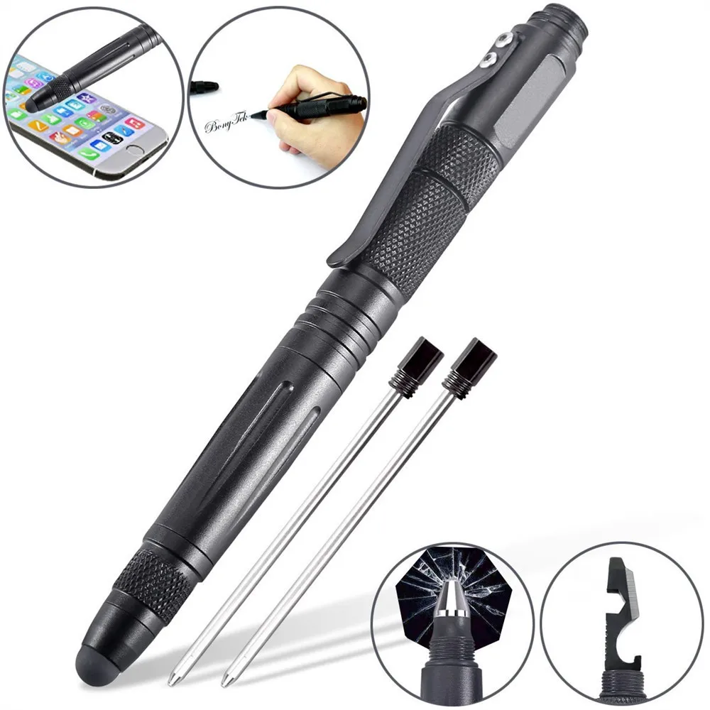 Gray Multifunctional Tactical Pen With Capacitive Stylus And Flashlight 