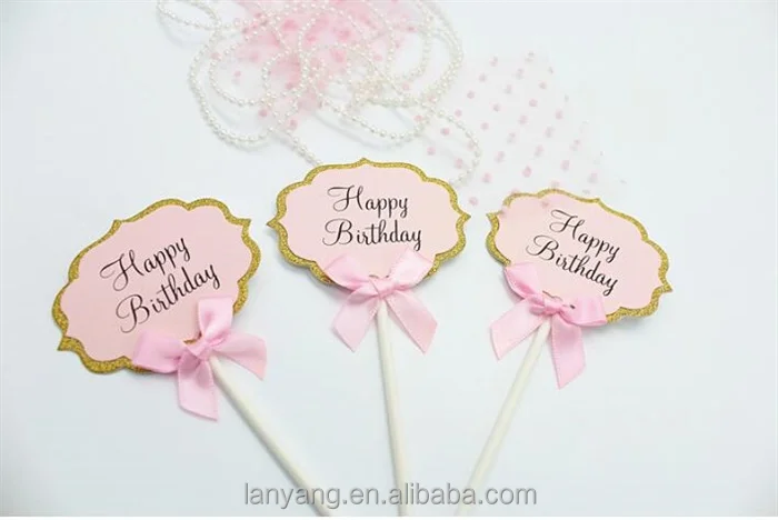 HAPPY BIRTHDAY CAKE PICK TOPPER DECORATION GLITTERED SPARKLY BLUE PINK PAPER PICKS