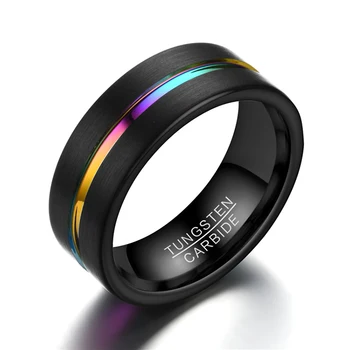 8MM wide thickness 2.5MM black with rainbow colorful high-end domineering men's ring wholesale tungsten jewelry