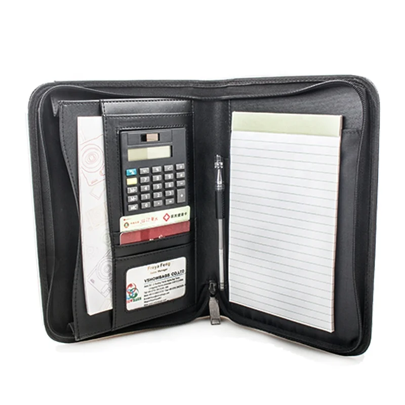 Портфель из искусственной кожи, деловая папка-портфель с калькулятором и блокнотом для письма, профессиональный портфель A4 на молнии