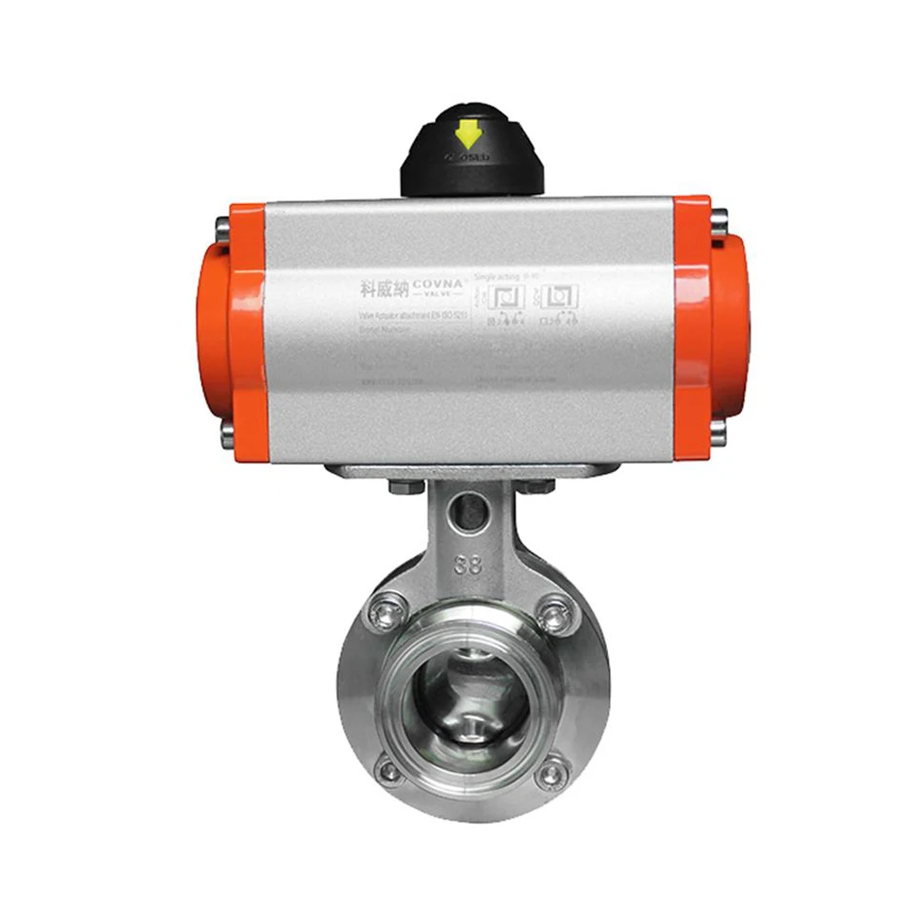 High Temperature 2 Inch Tri Clamp Food Grade Stainless Steel Pneumatic Actuated Sanitary Butterfly Valve