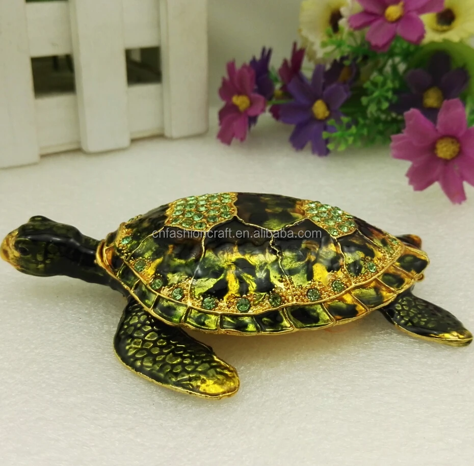 New Tortoise Trinket Tortoise Figure Enamel Tortise Green Crystal Tortoise Trinket Jewelry Boxes
