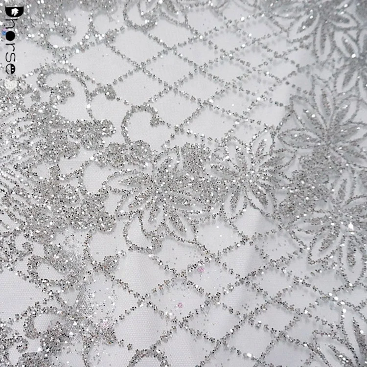 High End Netting Strip Broken Drill Silver Glitter Lace Fabric