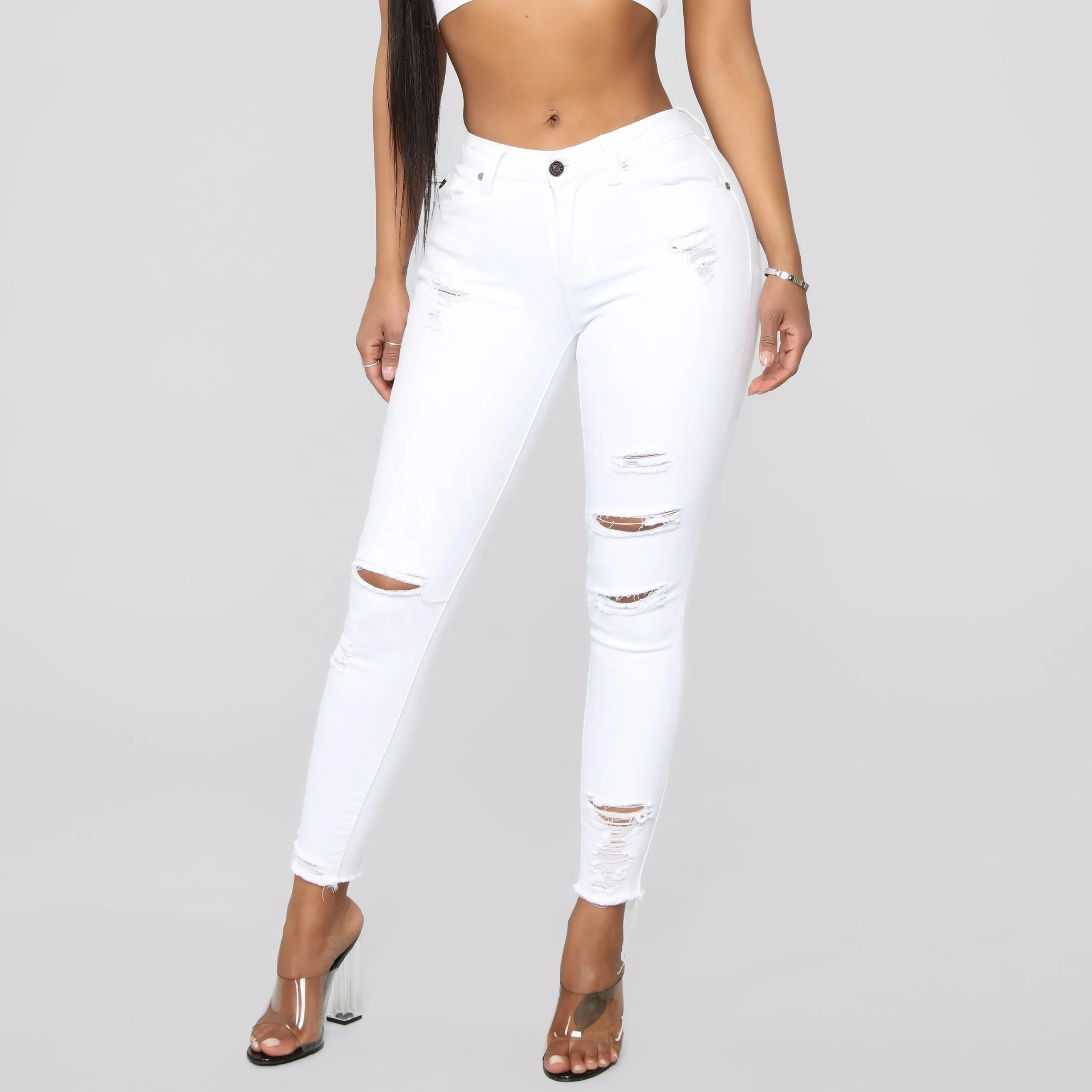 Stå sammen kort bh Source Good quality girl high waist jeans white ripped tights on  m.alibaba.com