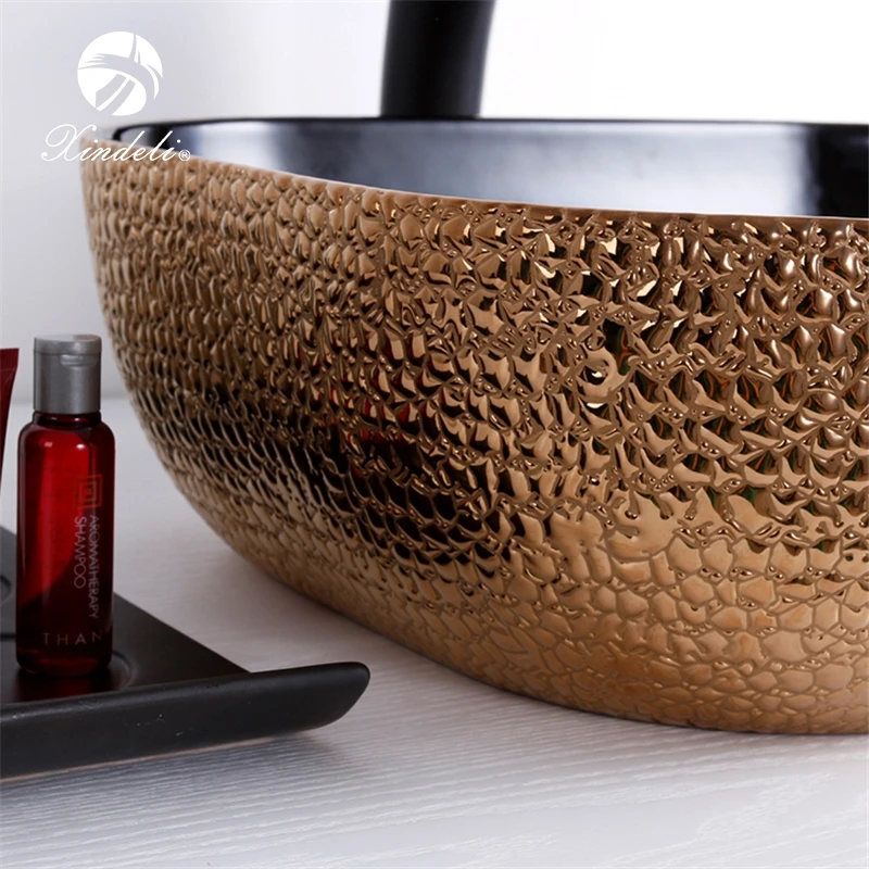 Crocodile Leather Rectangular Large Black Rose Gold Electroplate Art Countertop Sink Washing Basin for Bathroom
