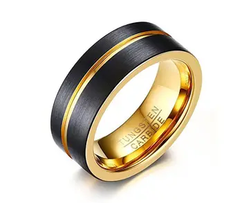 Artificial jewellery rings fashion black brushed and gold plate tungsten rings with grooved center jewellery for men and women
