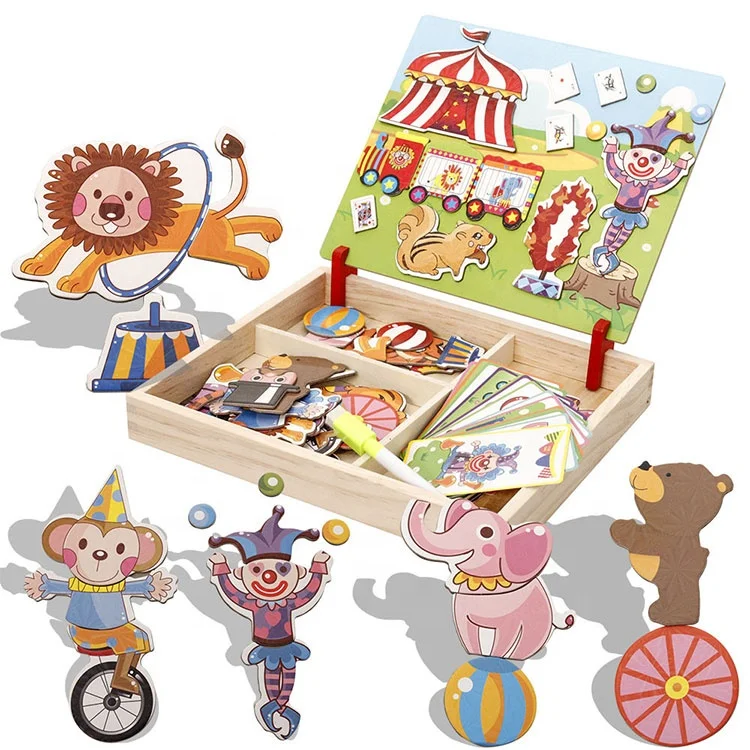 Multifunction Dry Scene Magnet Puzzles Game Set 3D Clown Puzzle Educational Children Wooden Magnetic Block Puzzle Toys