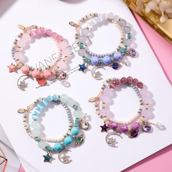Simple Fresh Multi Layer Star Moon Cat Eye Crystal Bracelet for Women