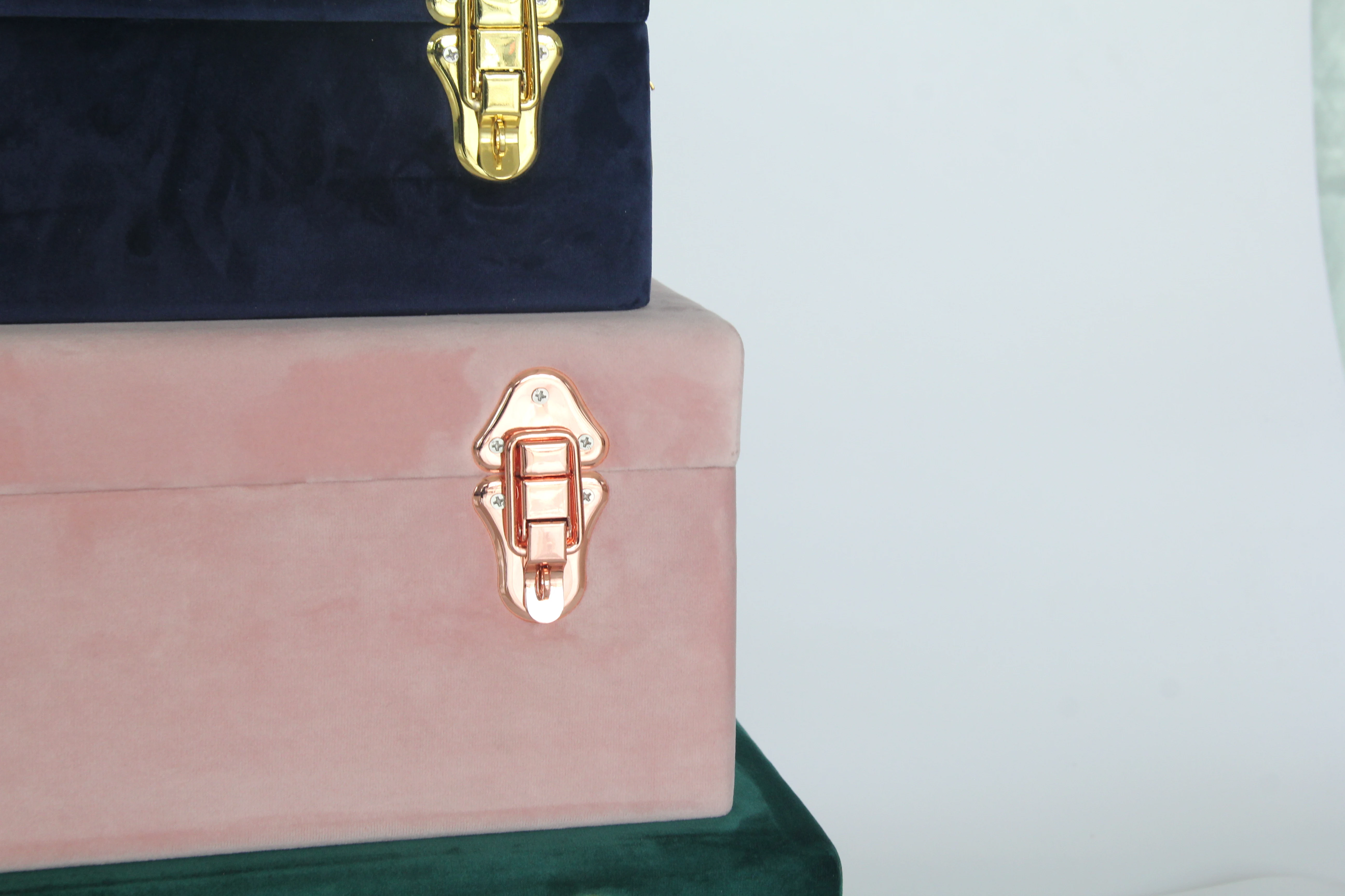 Set of 3 Velvet Trunk Box with Gold Accessories