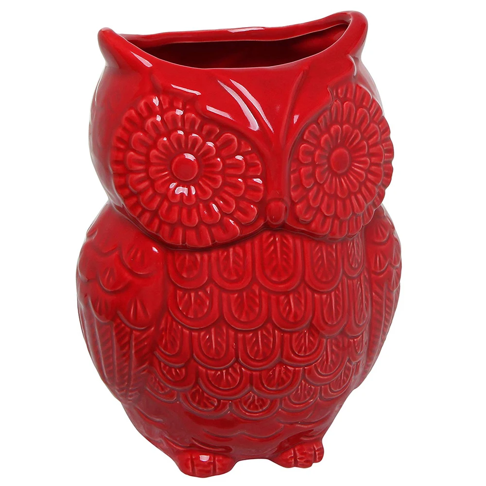 Red Owl Design Ceramic Cooking Utensil Holder Kitchen Storage Crock