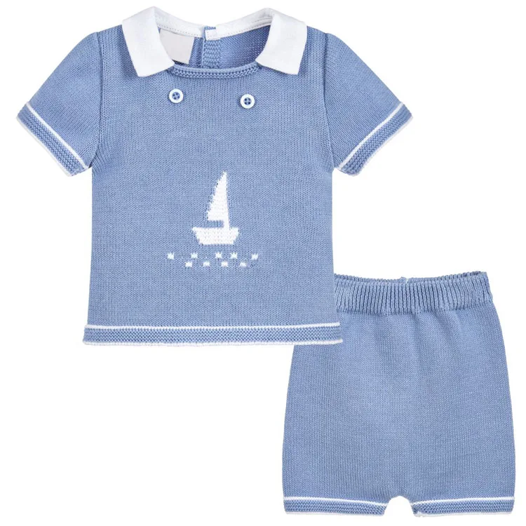 Оптовая продажа хлопковая футболка с короткими рукавами летний комплект для маленьких мальчиков синий трикотажный наряд
