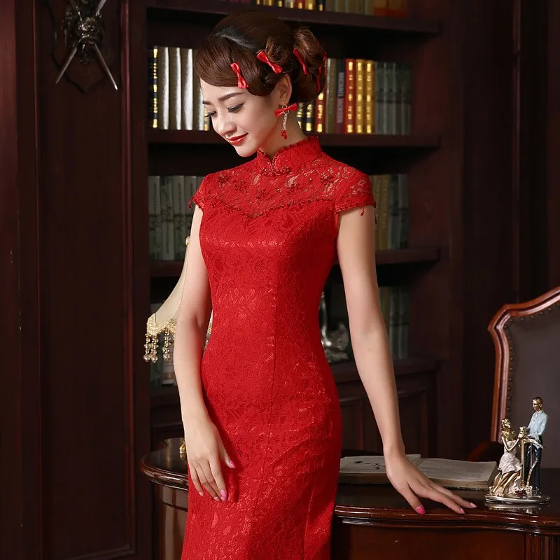 Alibaba.com: Traditional Chinese Red Lace Cheongsam Wedding Dresses, A-Line  silhouette, floor-length design: Explore in-stock items to meet your  wedding needs.