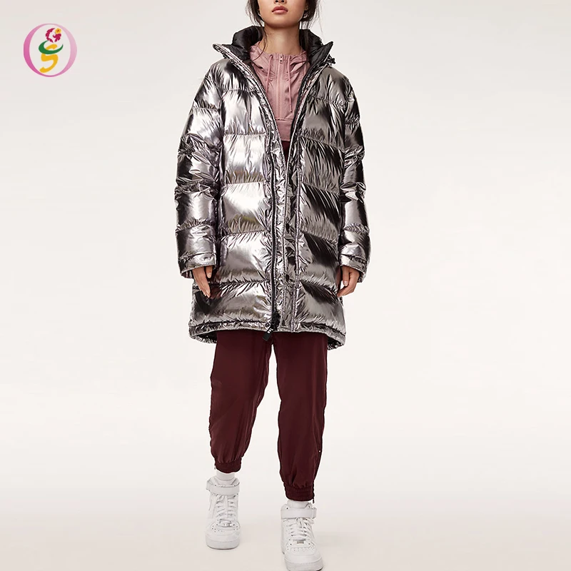 shiny mid length puffer jacket