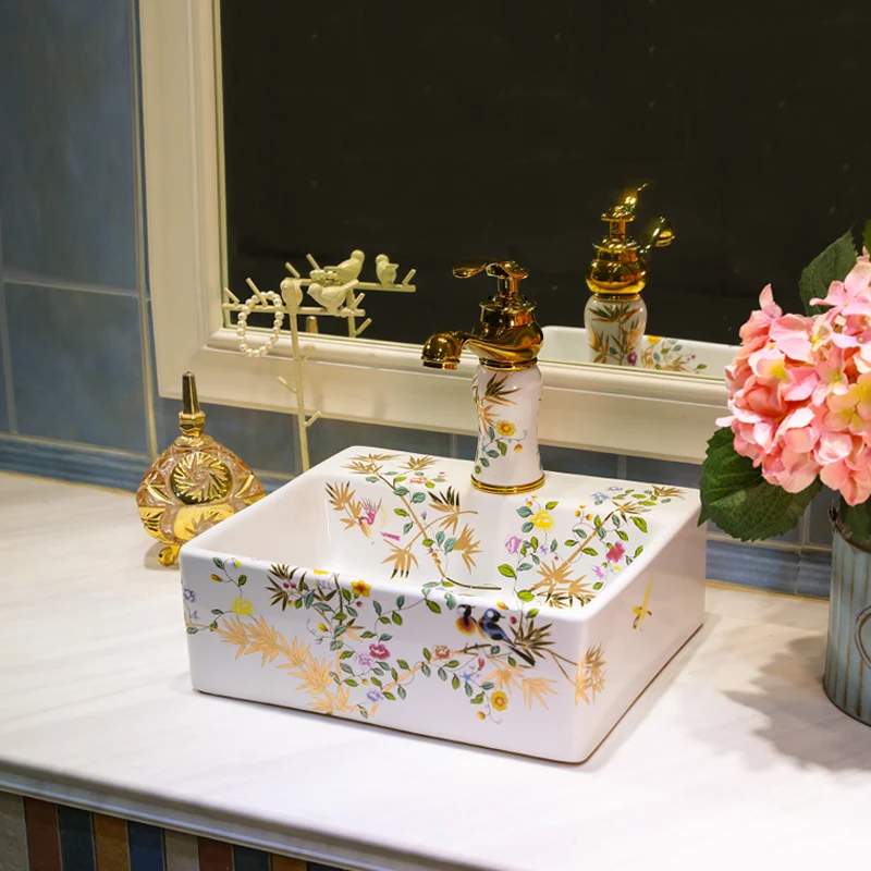 Rectangular Gold Flower and Bird Pattern Porcelain Ceramic Wash Basin Bathroom Sink