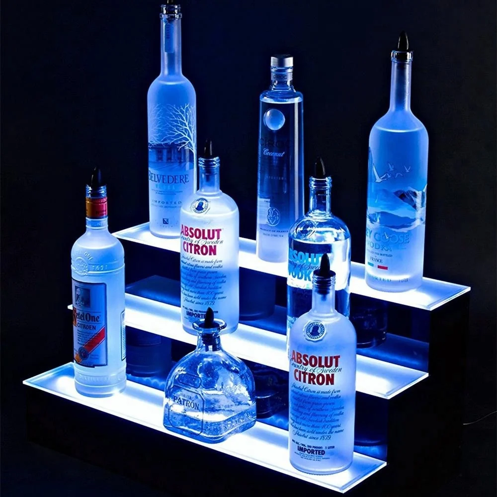 Customized 3 Step LED Acrylic Bottle Shelf  Stand Display 3Tier Led Bar Liquor Display Shelves 16"