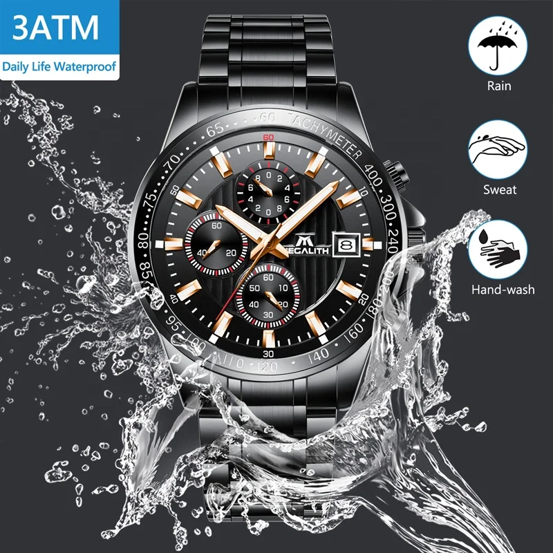 Megalith 8033 Luxury Business Chronograph Wristwatch Stainless Steel Quartz Waterproof
