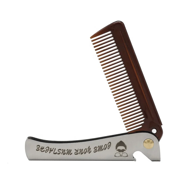 Fashion Men Beard Logo Printed Stainless Steel Comb Bottle Opener Folding Metal Comb