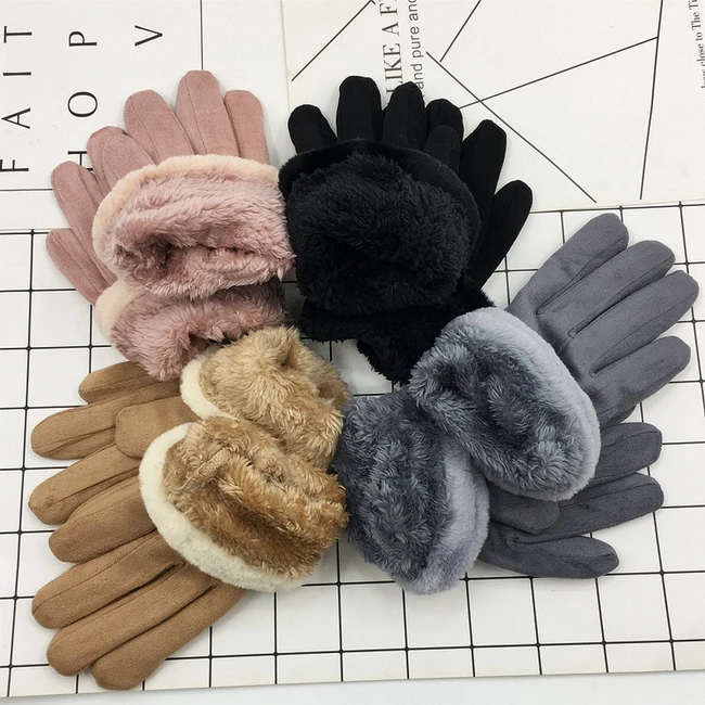 S4287 Fashion 2018 Women Girls Suede Mittens Sports Cycling Mobile Touch Warm Winter Gloves Screen with Sherpa Lining