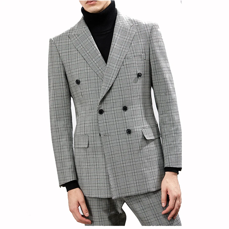 Fashion New Style Tweed Smooth Double Breasted Grey Plaid Feel Formal Business Men Suit
