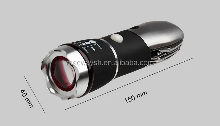 Multi Functional Camping Pocket LED Torch Zoom Multi Tool Stainless Knife Flashlight