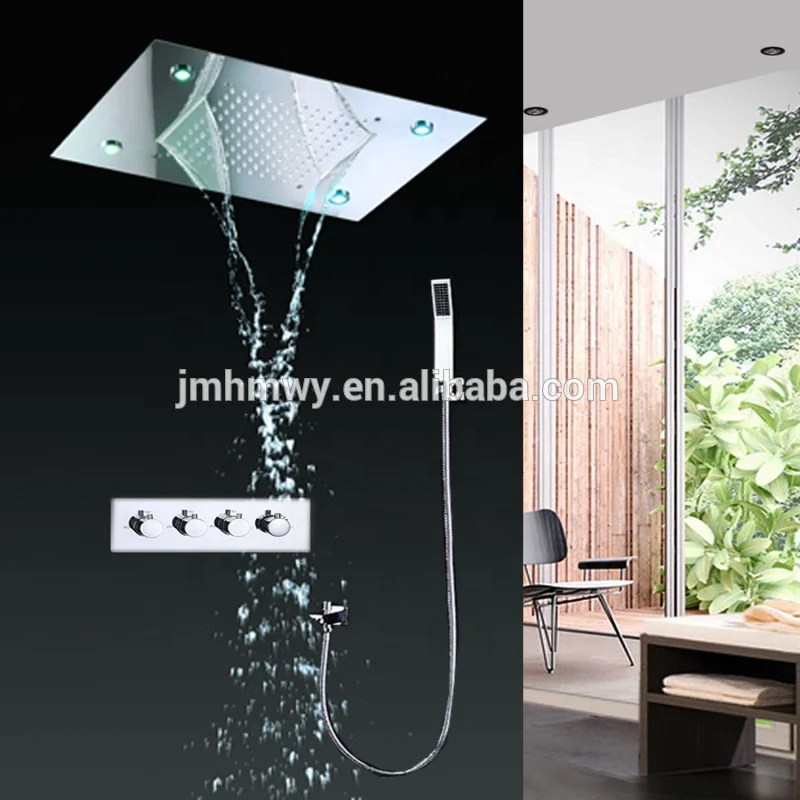Ceiling Mount Square Fixed Rainfall Shower Head with 3 Way Thermostat Bathroom Shower Faucet Chrome and Handheld Shower Set