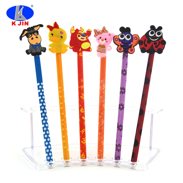 High Quality New Velvet Flocked Color Fabric Wrapped Wood Pencil Animal Topper Pencils with Cartoon Animals tiger lion zebra on Top