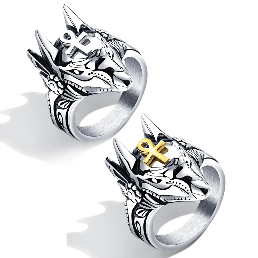Anubis Cross Wolf Head Men Design Stainless Steel Custom Ring