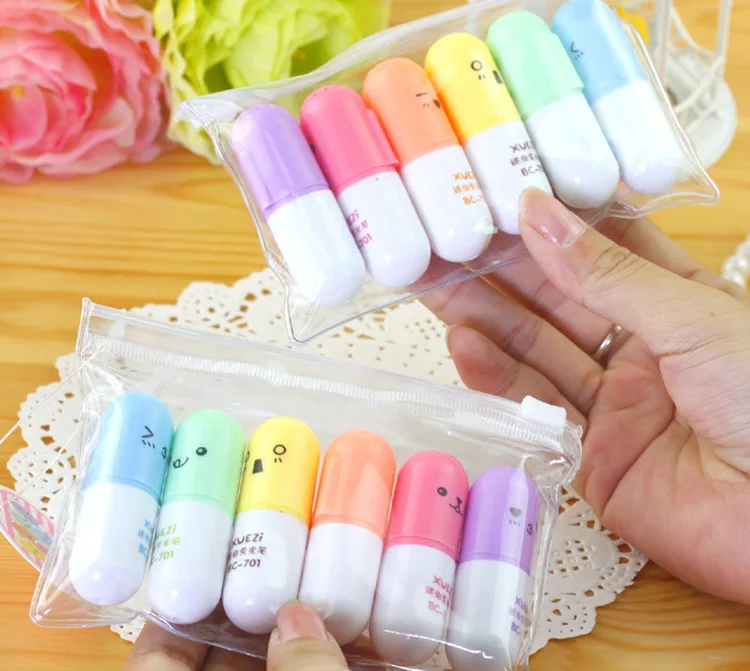 6Pcs Cute Candy Color Kawaii Highlighters Inks Stamp Pen Creative