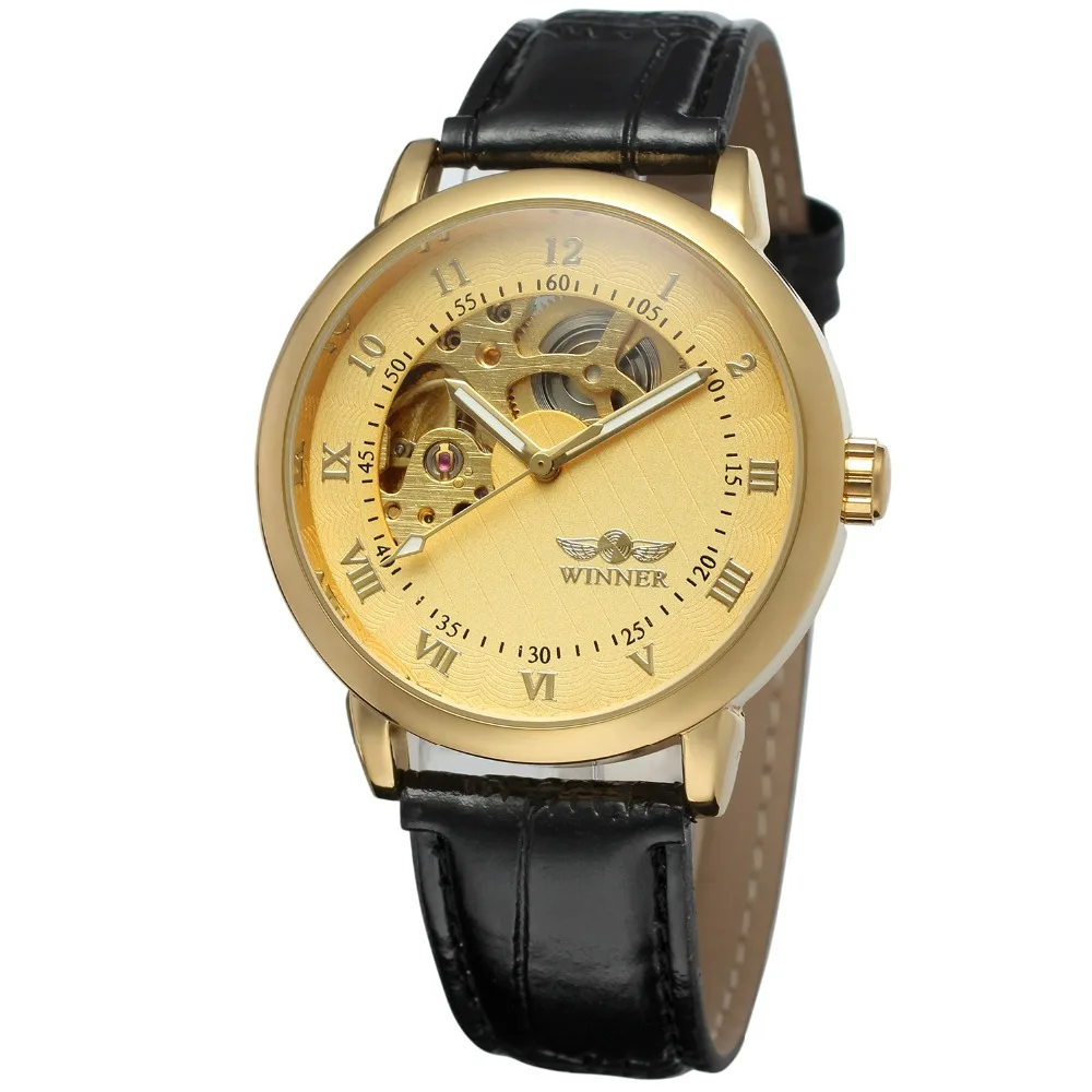 Luxury Gold Skeleton Leather Automatic Watch