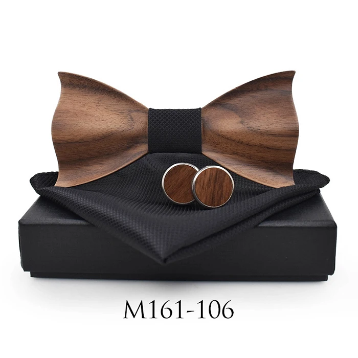 Классический 3d тисненый черный галстук-бабочка квадратный шарф Запонки на заказ Повседневный деревянный галстук-бабочка для мужчин