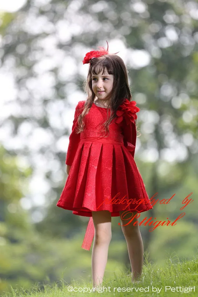 Pettigirl новинка осень 2015 платья для девочек на Рождество красный с цветочным принтом с длинными рукавами детские платья