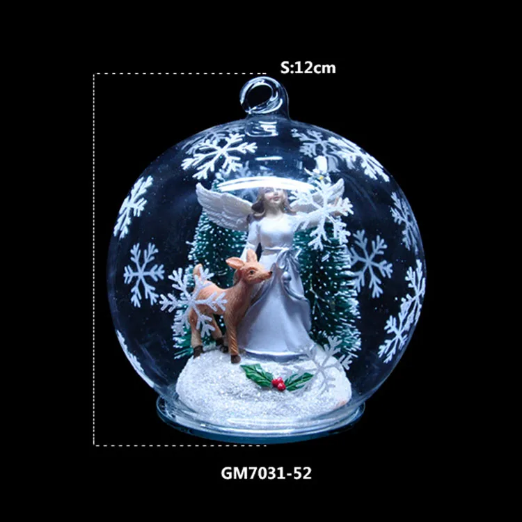 12cm Decorative Glass hanging balls LED lighted Resin Angel inside snow Christmas decoration manufacture