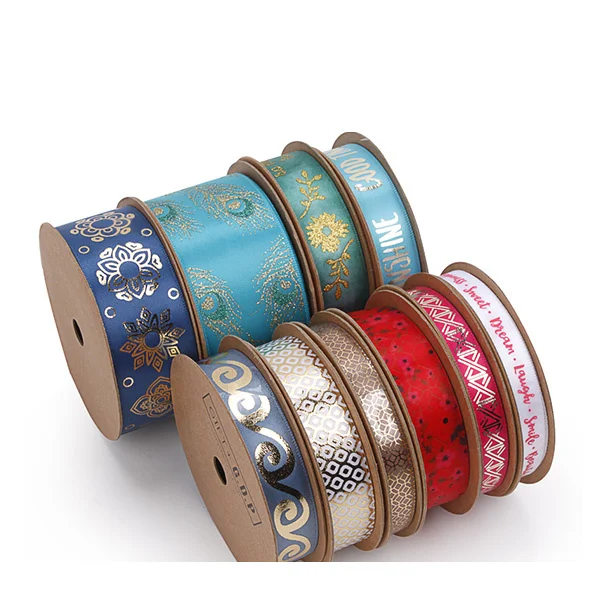 Заводской поставщик, оптовая продажа, Пользовательский логотип, полиэфирная Золотая фольга, атласная лента для украшения упаковки