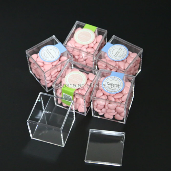 Clear Cube Shaped Box with Hinged Lid and Personalized Label Crystal Clear Acrylic Favor Box
