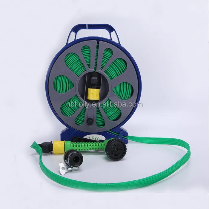 50FT/15M Retractable Turntable Flat Hose Pipe Reel Stand Water Spray Gun Nozzle 