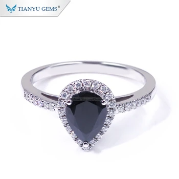 Tianyu Customized Black Moissanite Diamond Pear Shaped Deluxe Pave Set in 14K 18k white gold Ring