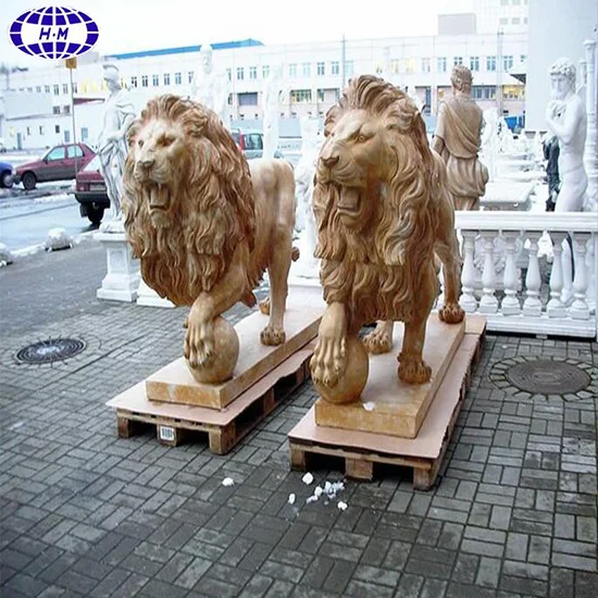 Beige antique marble lion statues for sale