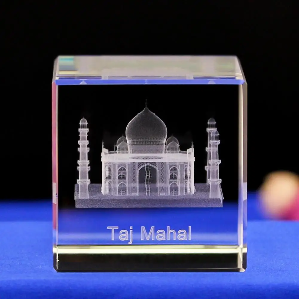 Cubo de cristal Taj Mahal, cubo grabado con láser, edificio famoso, mezquita musulmana, cristal para regalos de recuerdo, 3D, religioso, Europa, ZHEJIANG